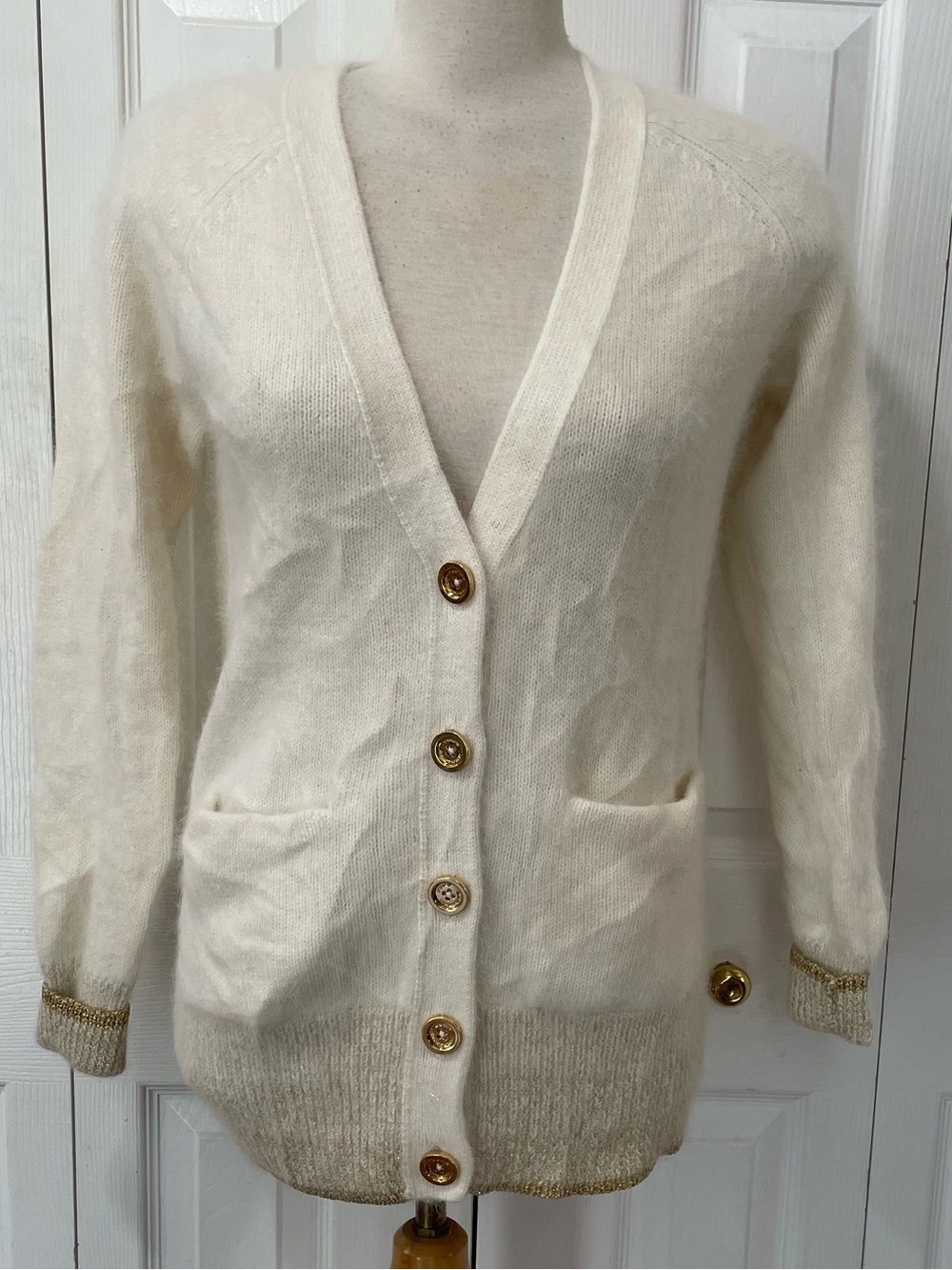 Juicy Couture Cream Angora V-Neck Button Front Cardigan with Gold Trim